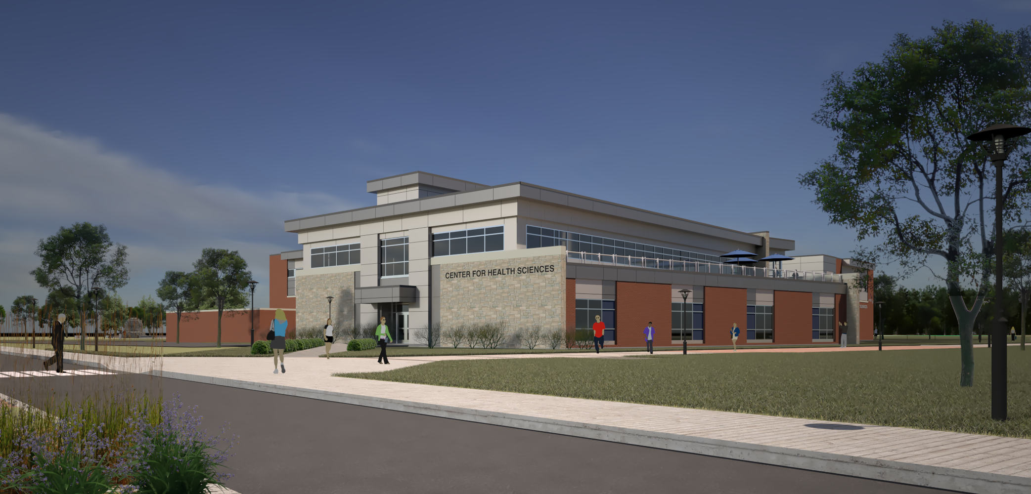 A rendering shows a view of the Center for Health Sciences and Active Learning from Indianapolis Ave.